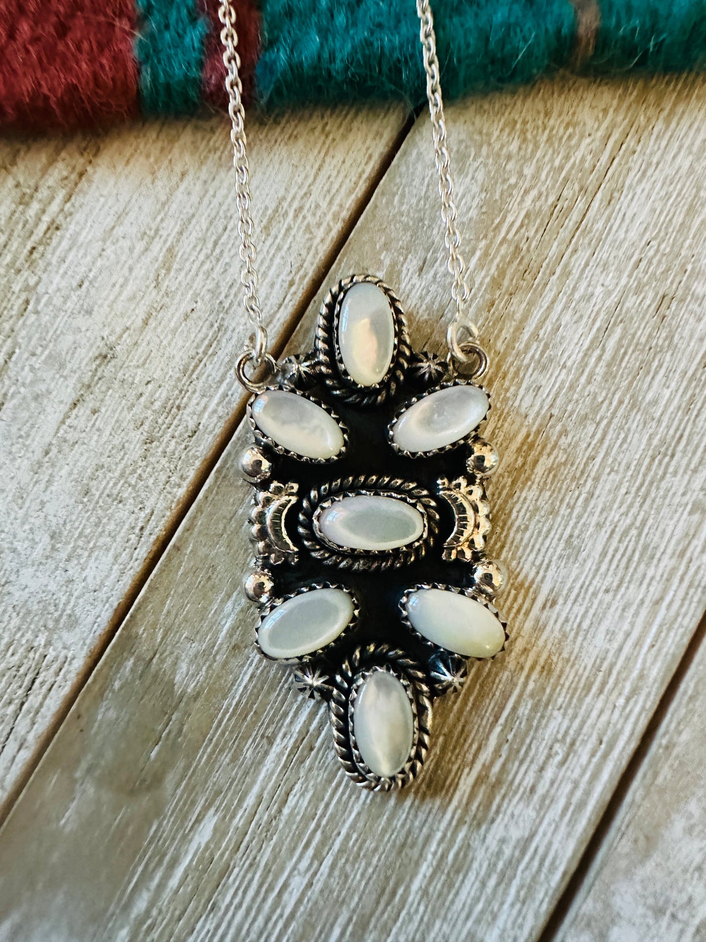 ** Christmas Collection ** Handmade Sterling Silver & Mother of Pearl Necklace Signed Nizhoni