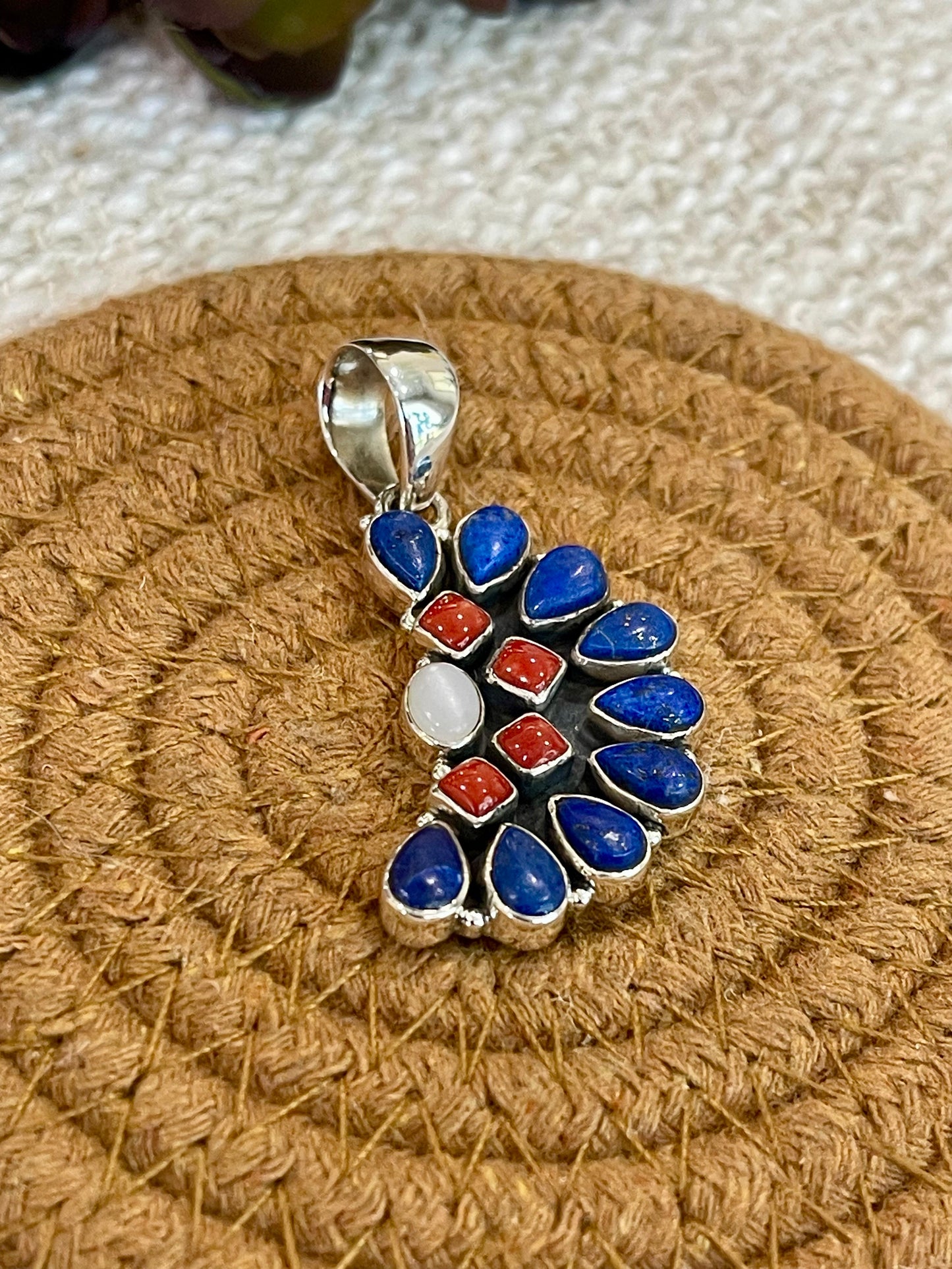 ** 4TH OF JULY ** Handmade Sterling Silver, Lapis & Coral Cluster Pendant with Signed Nizhoni