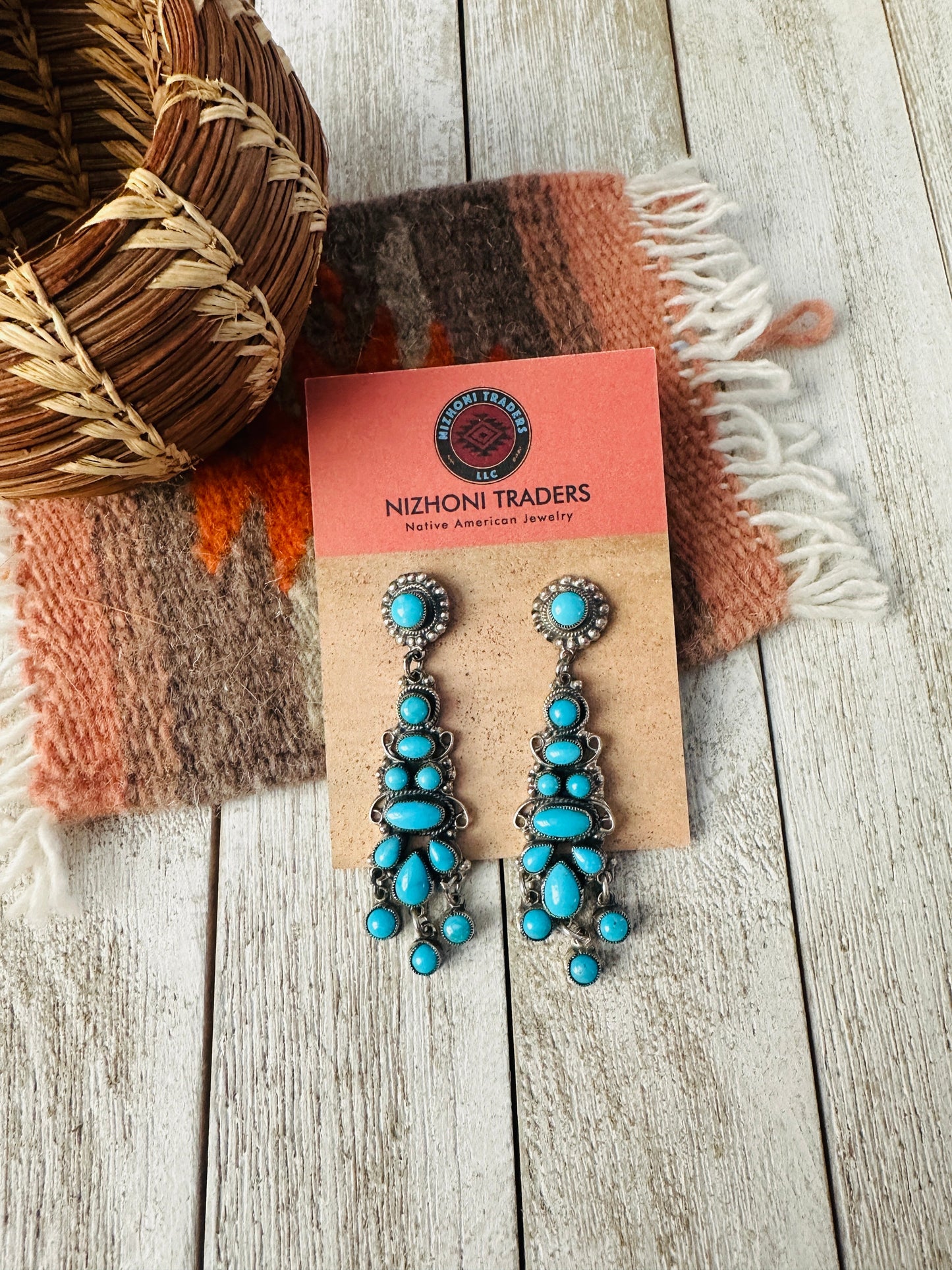 Navajo Sterling Silver & Sleeping Beauty Turquoise Cluster Dangle Earrings