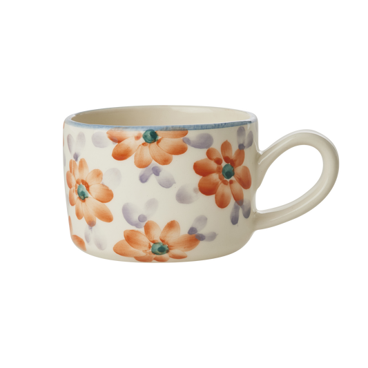 Ceramic Cappuccino Cup with Hand Painted Orange Flowers - 6.7 oz