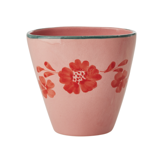Ceramic Oval Cup with Hand Painted Orange Flower Vine - 10.1 oz