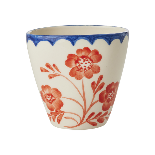 Ceramic Oval Cup with Hand Painted Vintage Flowers - 10.1 oz