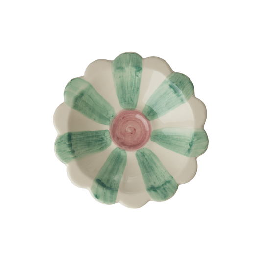 Ceramic Flower Dipping Bowl with Soft Green Hand Painted Stripes
