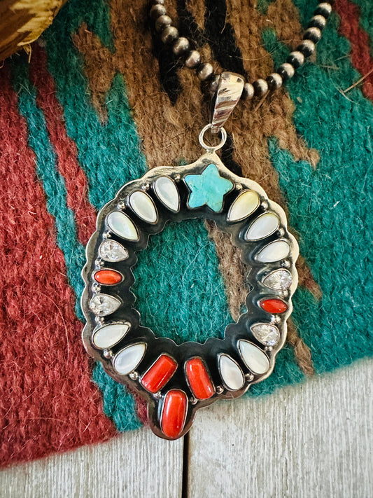 ** Christmas Collection ** Handmade Sterling Silver & Multi Stone Wreath Pendant Signed Nizhoni