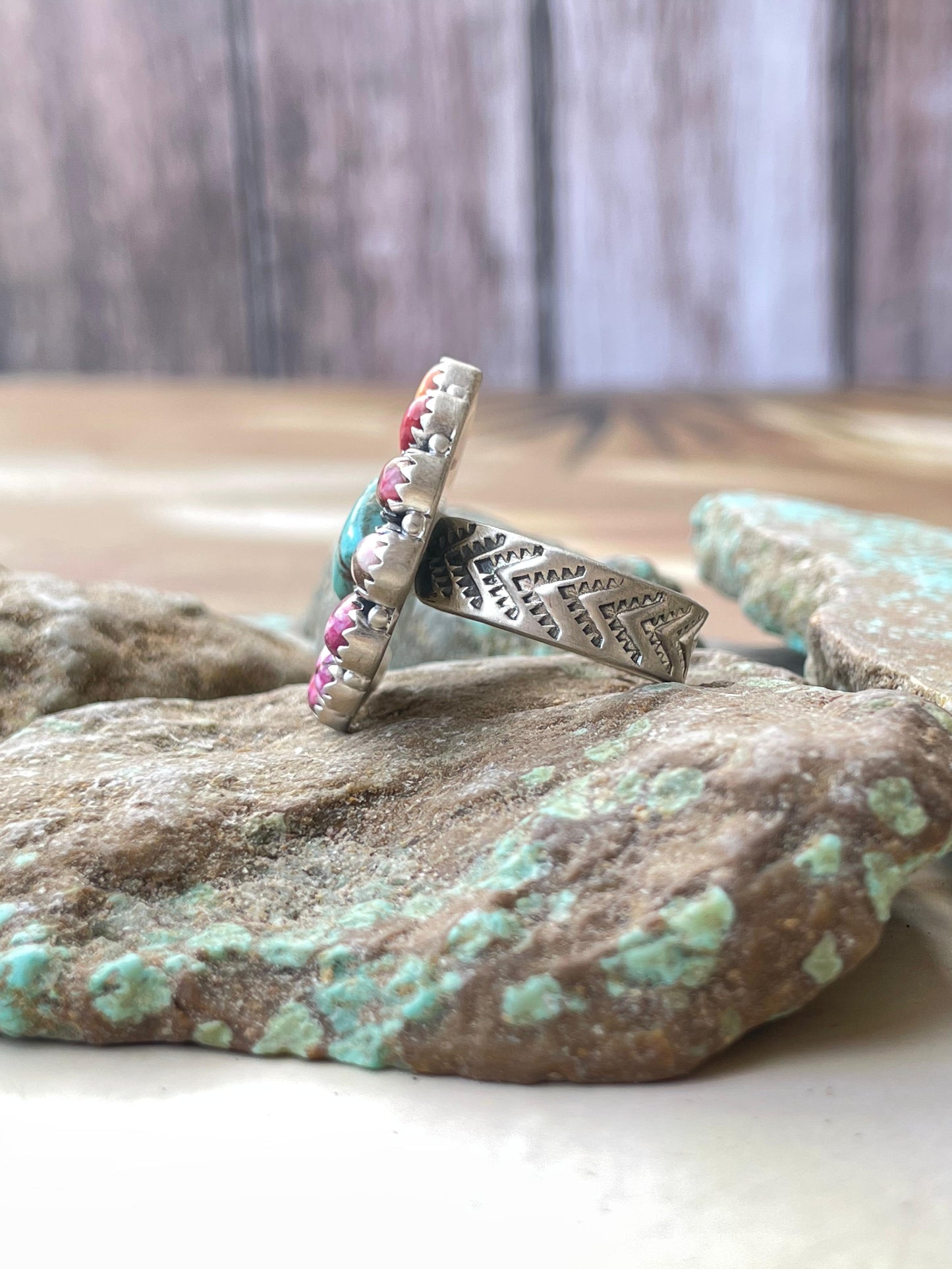 Handmade Sterling Silver, Pink Dream & Turquoise Cluster Adjustable Ring
