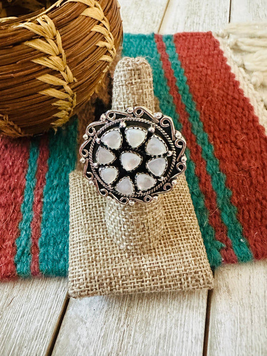 ** Christmas Collection ** Handmade Sterling Silver & Mother of Pearl Adjustable Ring Signed Nizhoni