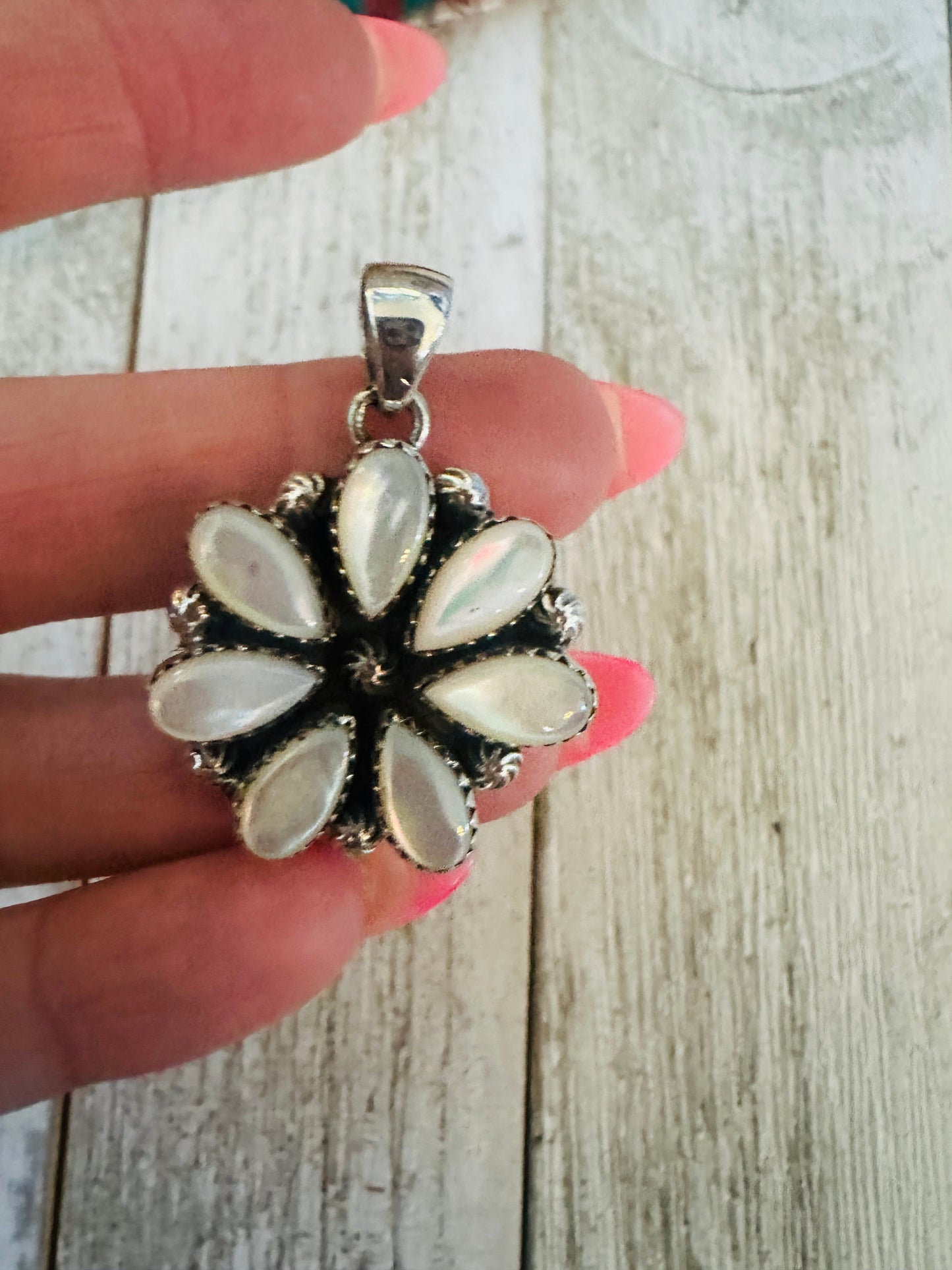 ** Christmas Collection ** Handmade Sterling Silver & Mother of Pearl Pendant Signed Nizhoni