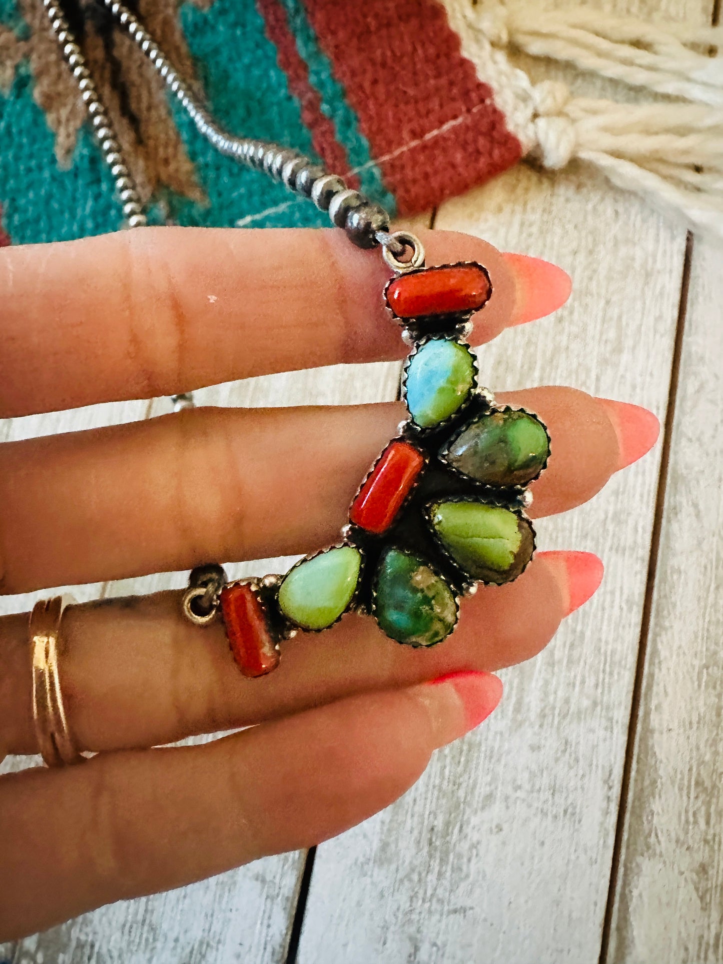 ** Christmas Collection ** Handmade Sterling Silver, Turquoise & Coral Necklace Signed Nizhoni