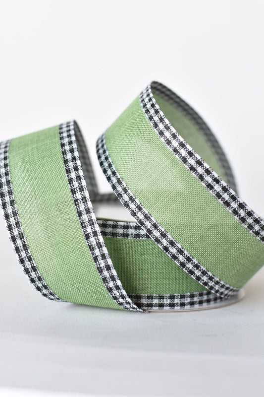 1 1/2" x 10yd Green Faux Linen with Check Border