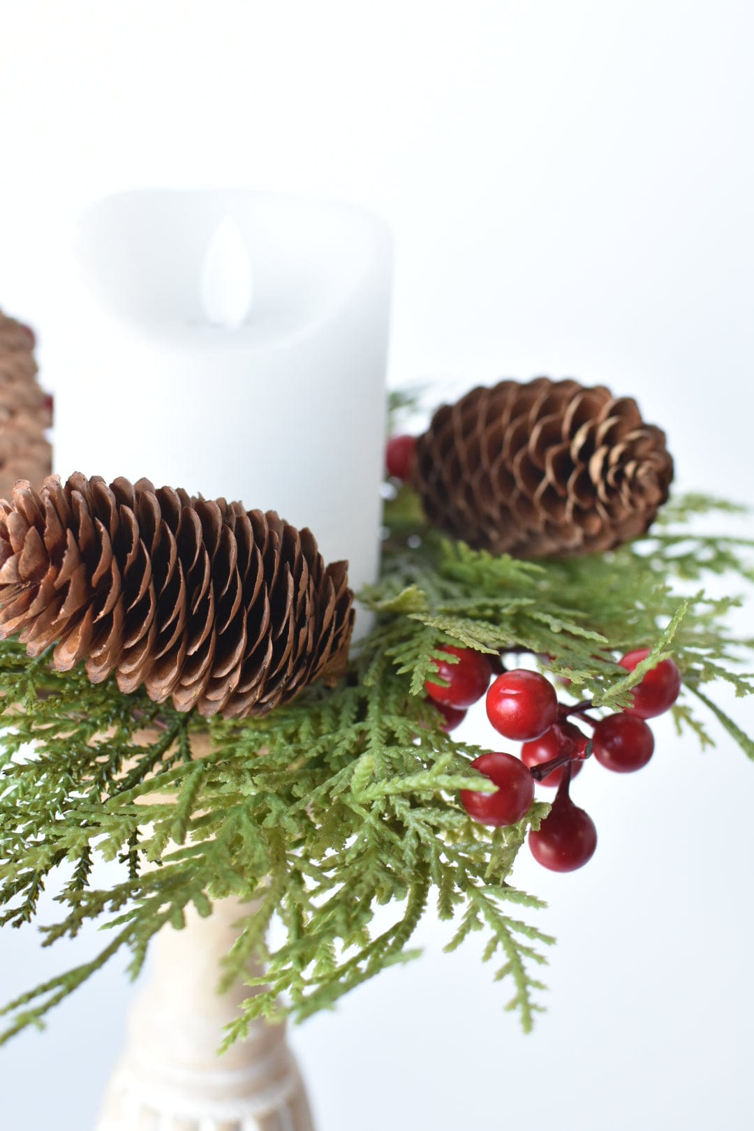 11" Faux Cedar Candle Ring With Pinecones/Berries (Fits up to a 3" Pillar Candle) CR2