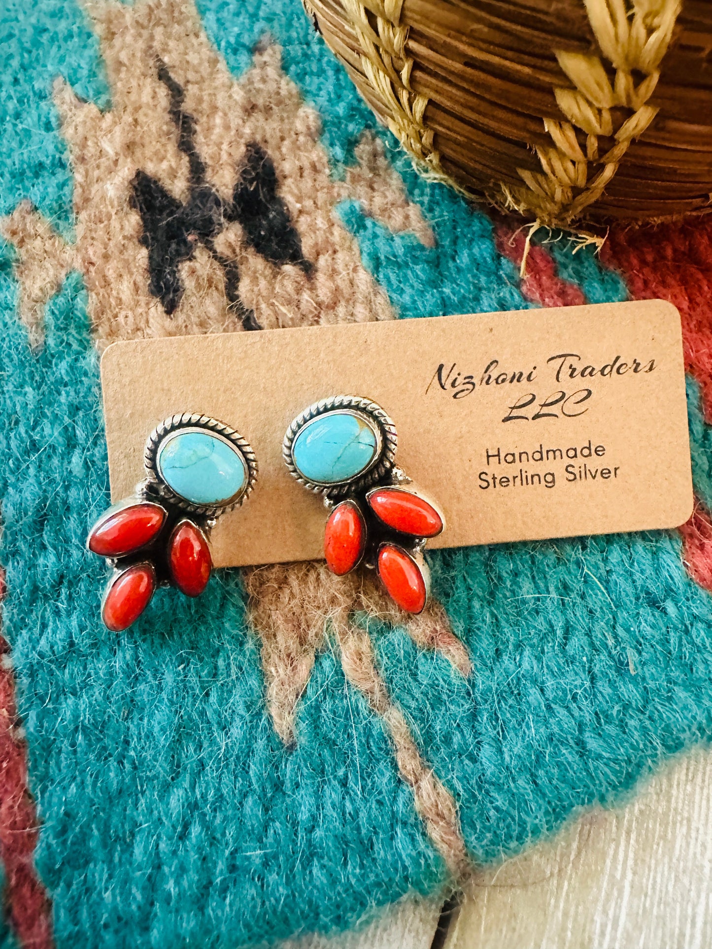 ** Christmas Collection ** Handmade Sterling Silver, Coral & Turquoise Earrings Signed Nizhoni