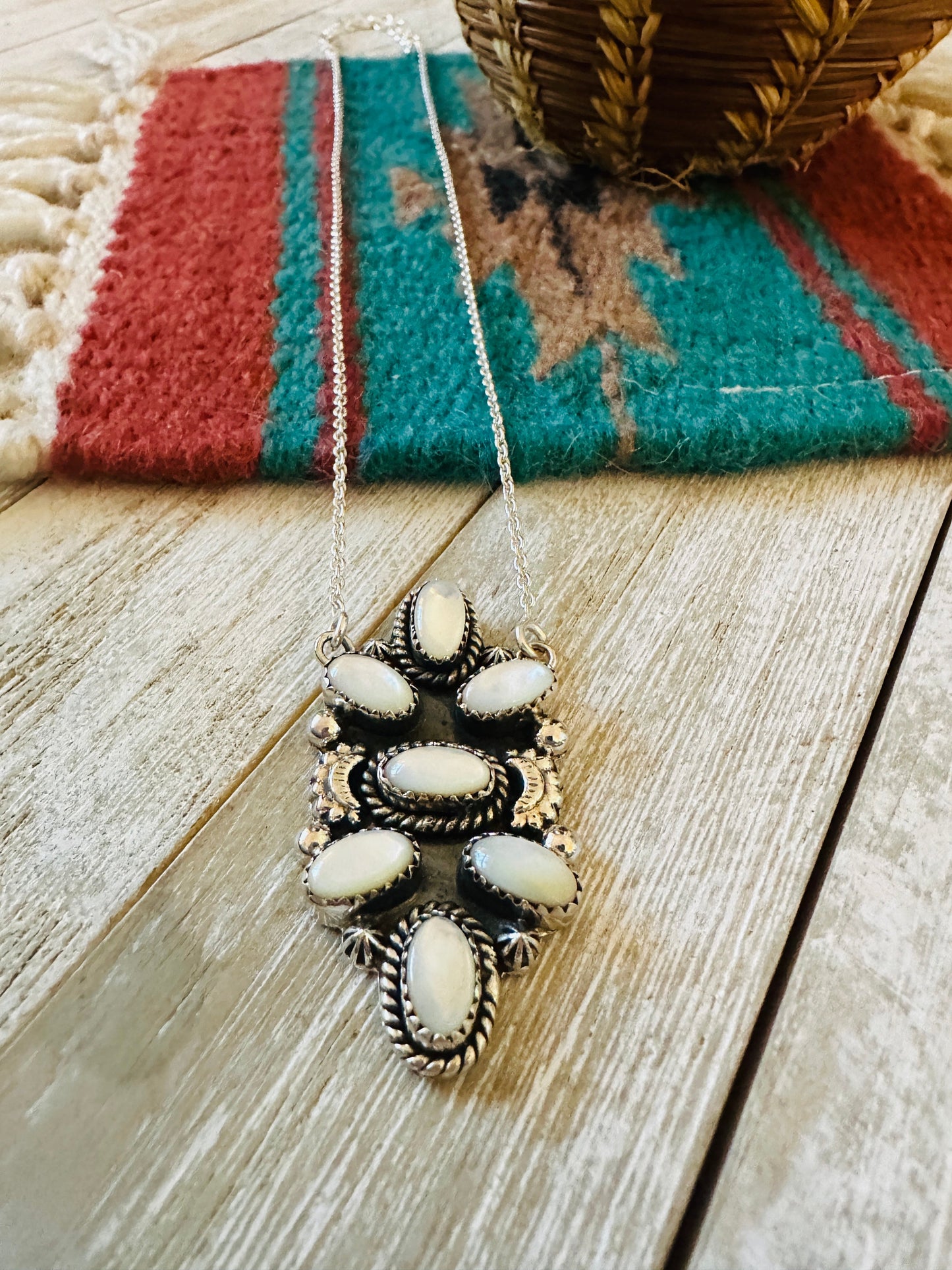 ** Christmas Collection ** Handmade Sterling Silver & Mother of Pearl Necklace Signed Nizhoni