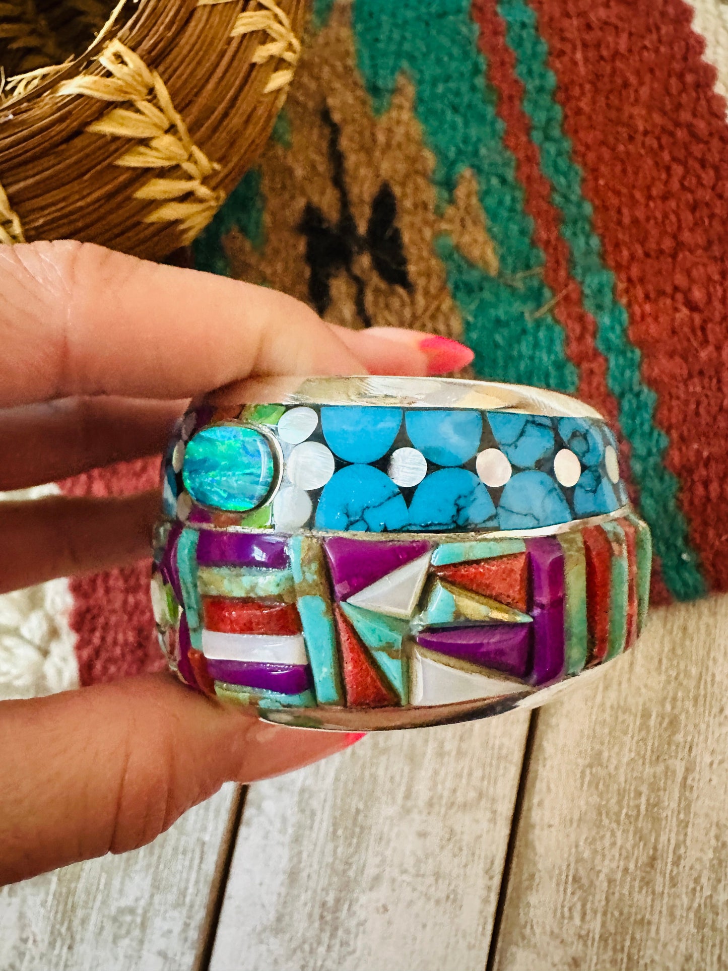 Handmade Sterling Silver Multi Stone Inlay Cuff