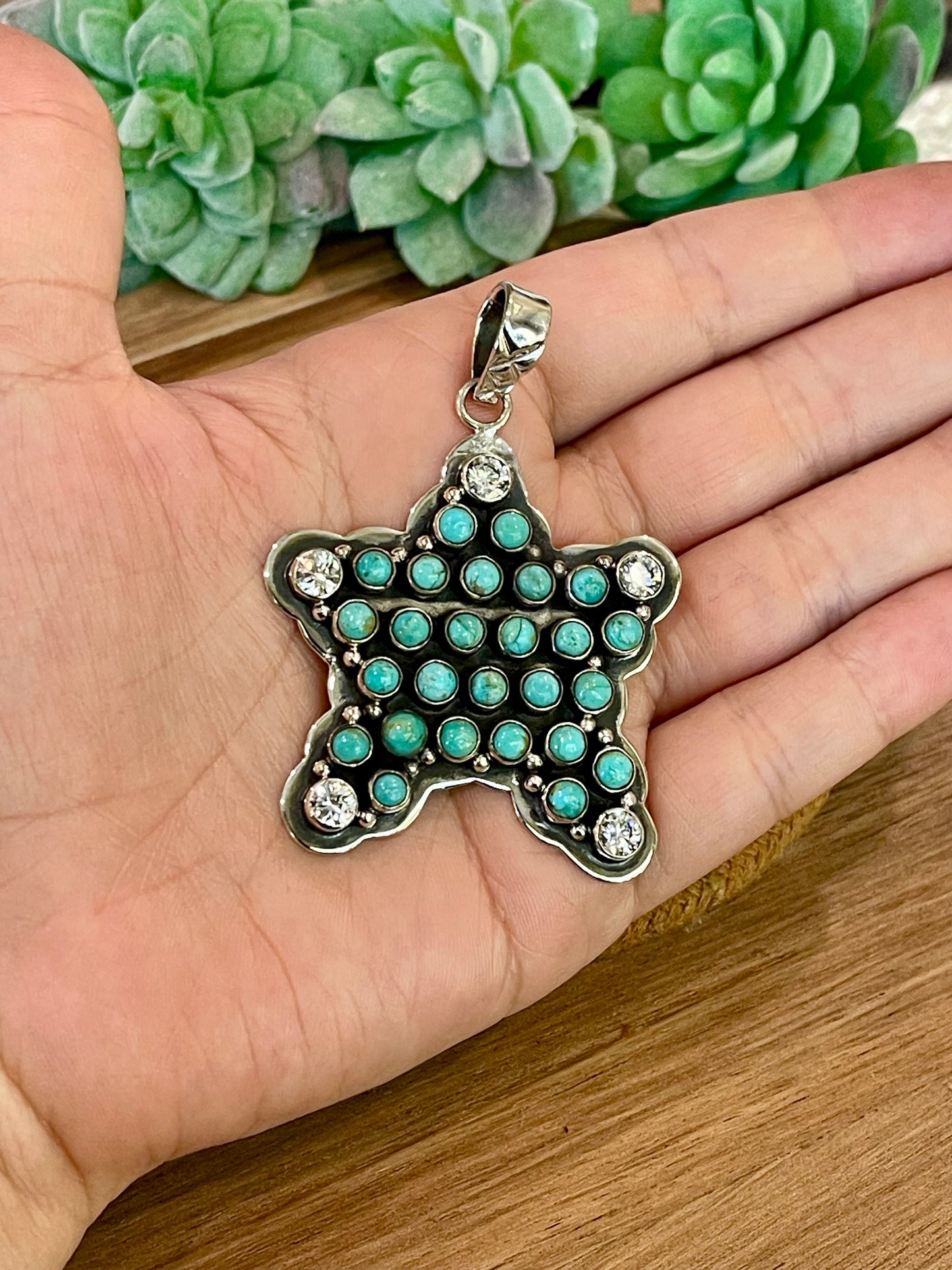 ** Christmas Collection ** Handmade Sterling Silver, Turquoise & CZ Star Pendant Signed Nizhoni