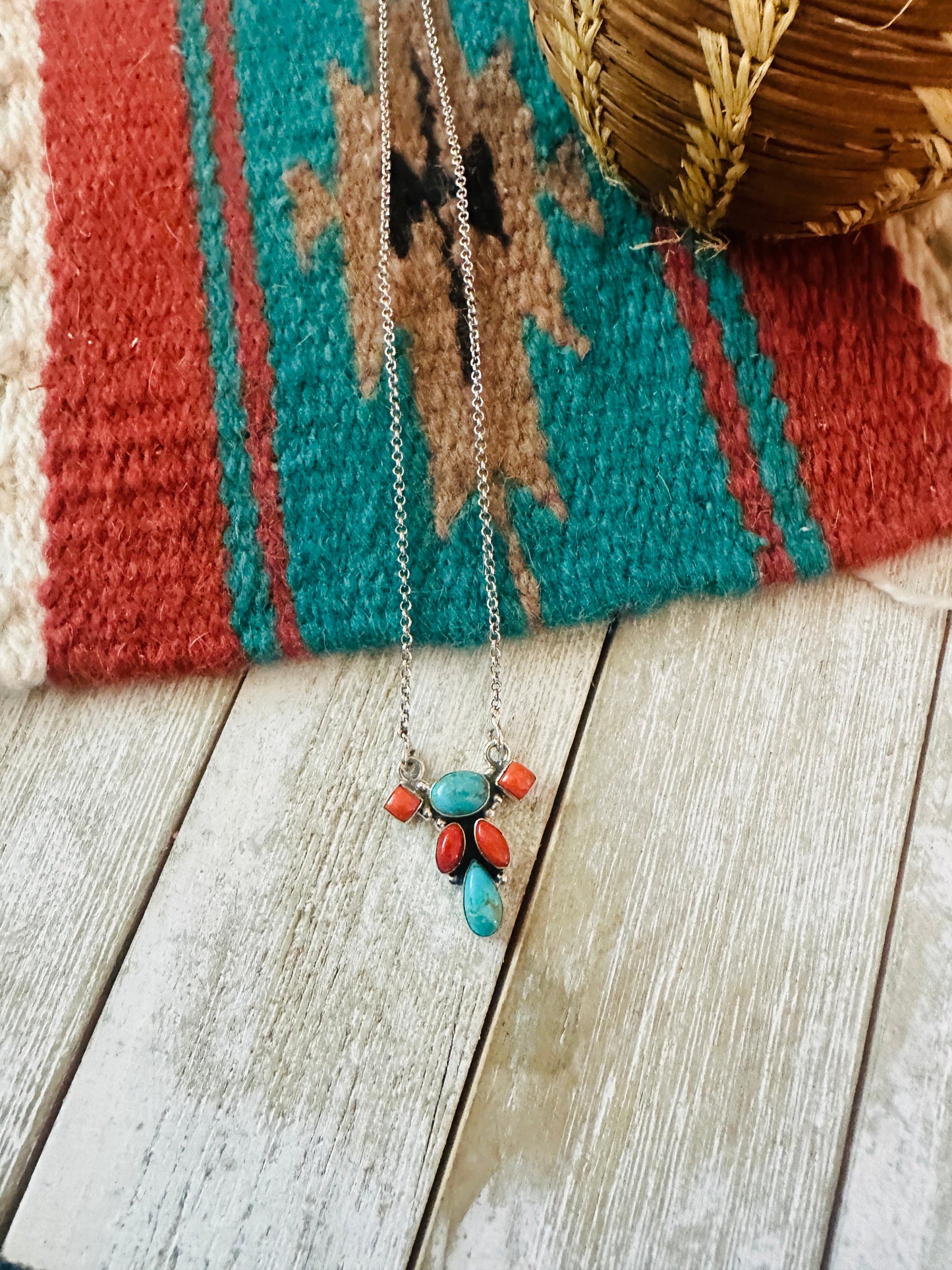 ** Christmas Collection ** Handmade Sterling Silver, Turquoise & Coral Necklace Signed Nizhoni