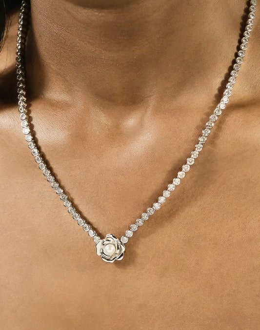 Rosa Pearl Flower CZ Tennis Necklace