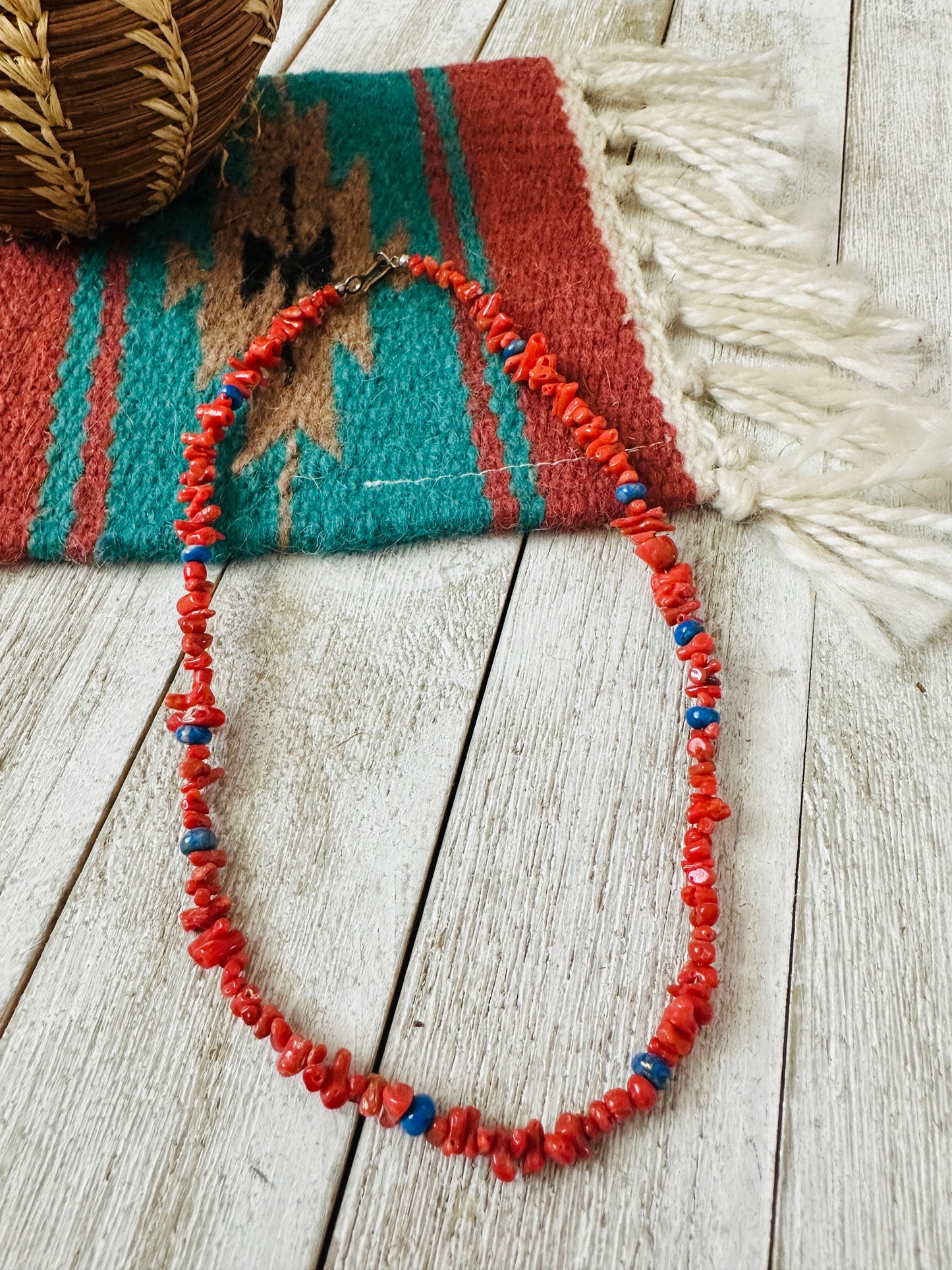 Handcrafted Apple Coral, Lapis & Sterling Beaded Necklace