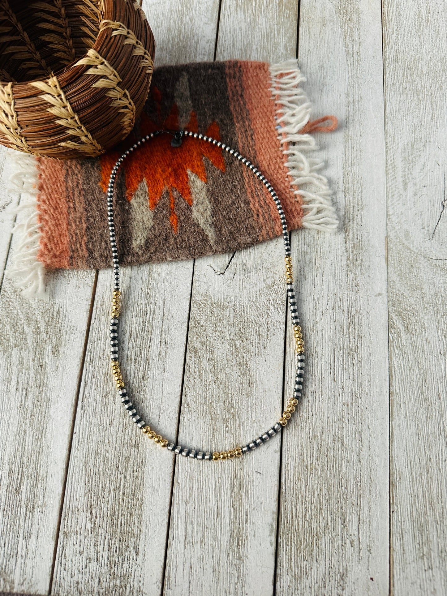 Handcrafted Sterling Silver & Gold Beaded Necklace 3-4mm