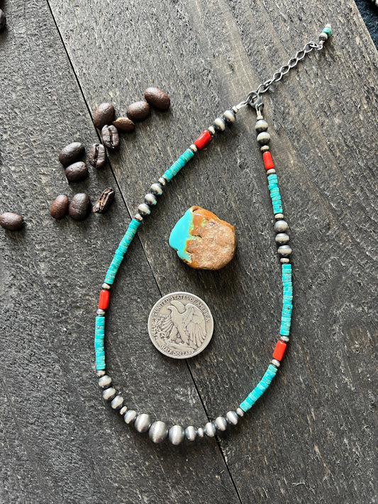 Handcrafted Summer Lovin’ Beaded Layering Necklace with Sterling Silver, Turquoise and Mediterranean Coral, 14” + 2”, The Beach Cruiser