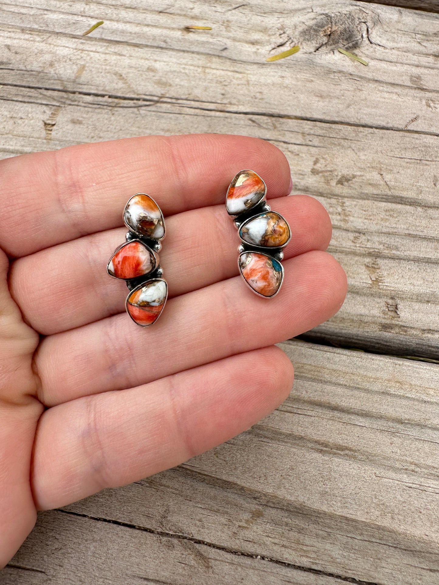 Handmade Spice And Sterling Silver Crescent Earrings 3 Stone