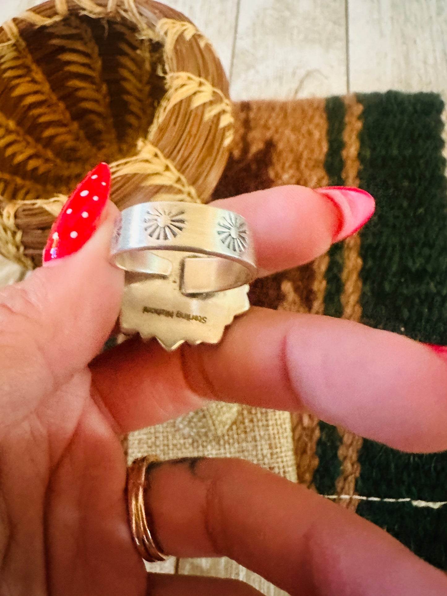 ** Christmas Collection ** Handmade Sterling Silver, Turquoise & Coral Adjustable Ring Signed Nizhoni