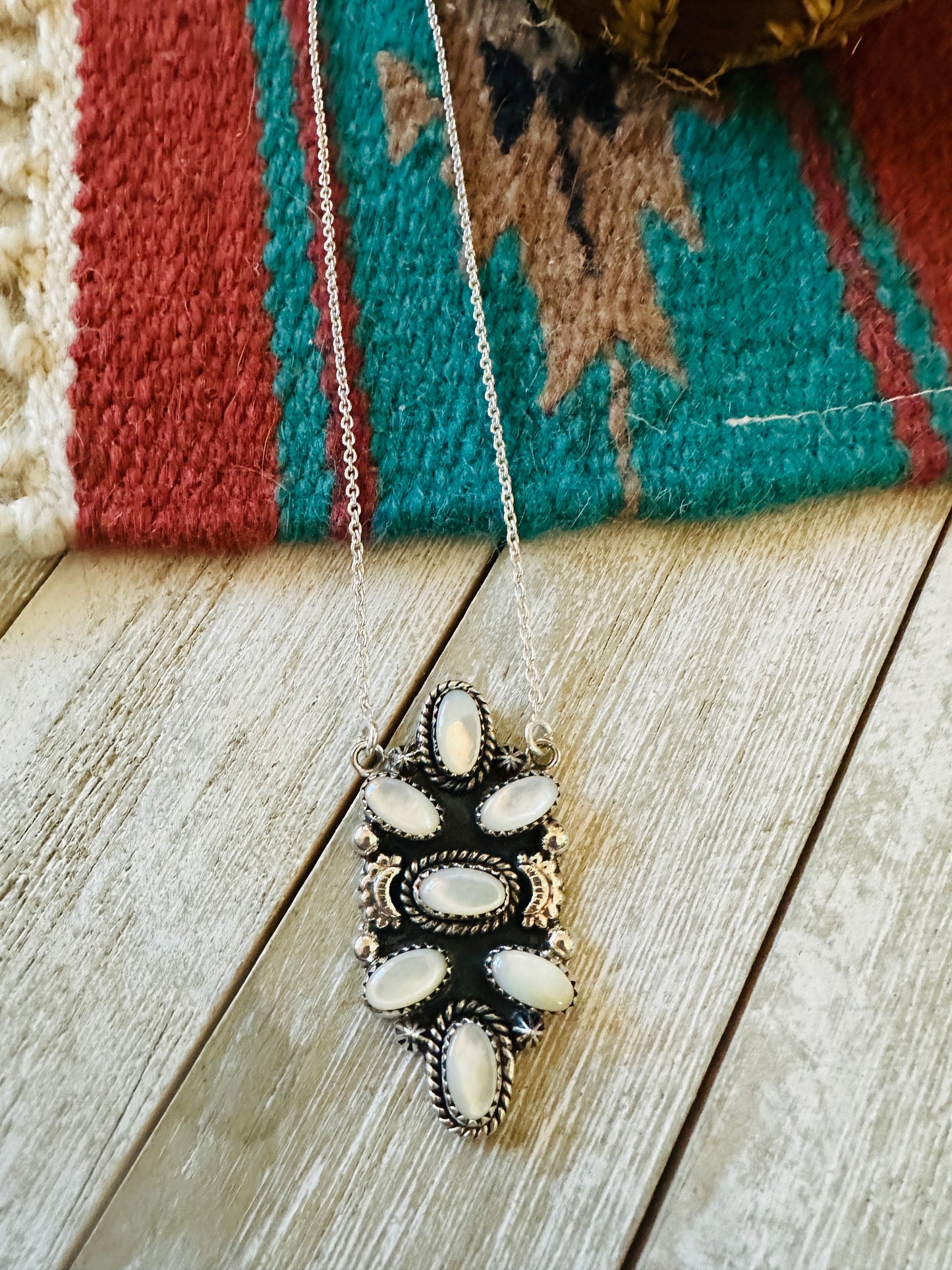 ** Christmas Collection ** Handmade Sterling Silver & Mother of Pearl Necklace Signed Nizhoni