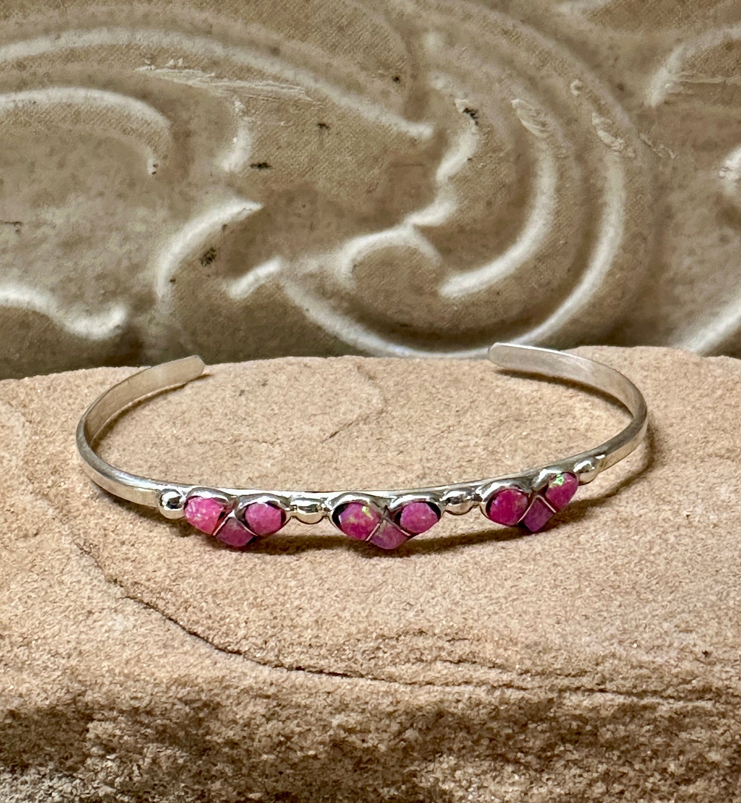 Sterling Silver Opal Three Pink Hearts Baby Cuff Bracelet