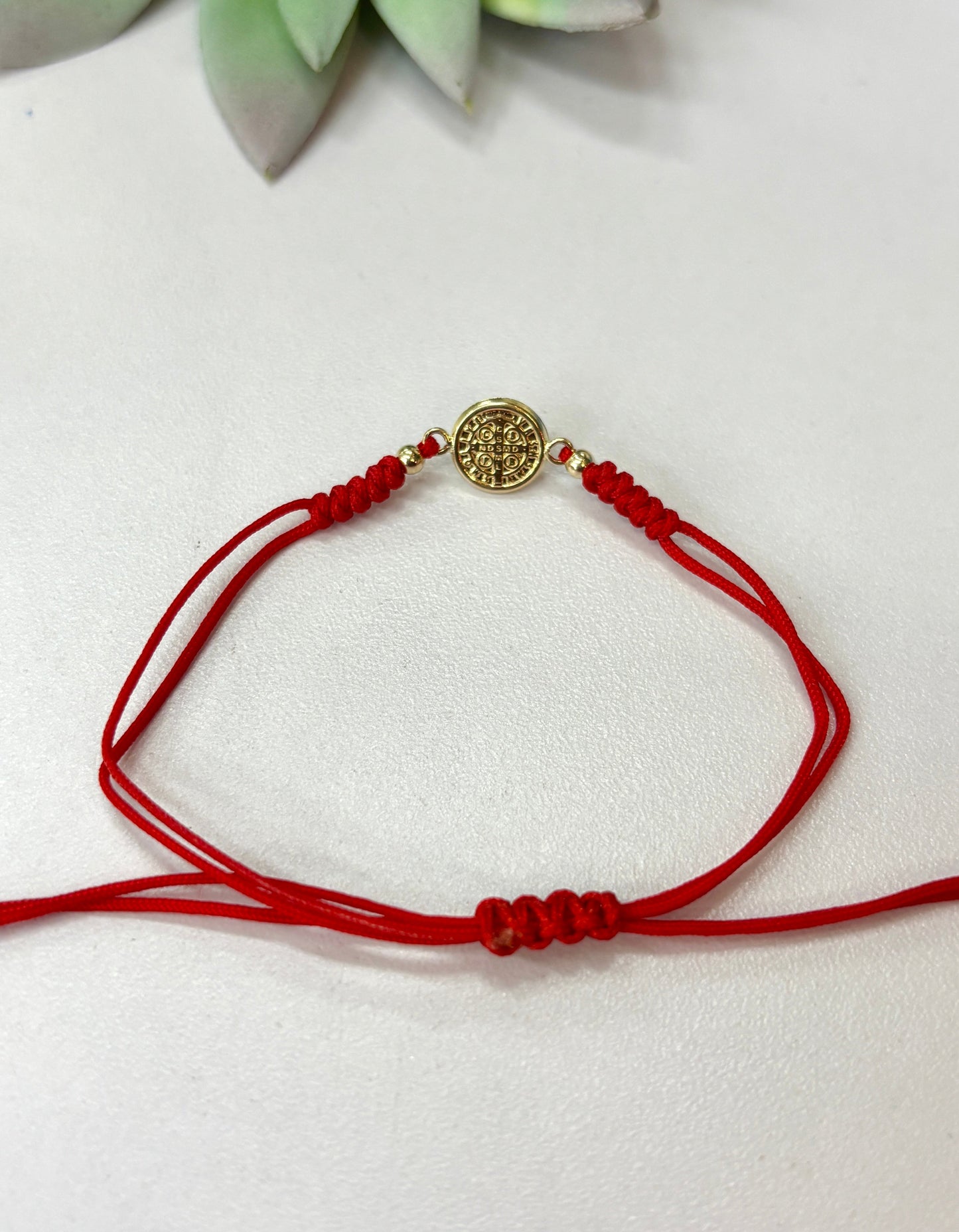 14K Solid Gold Red Cord Bracelet – Adjustable Protection Bracelet with Saint Benedict or Evil Eye