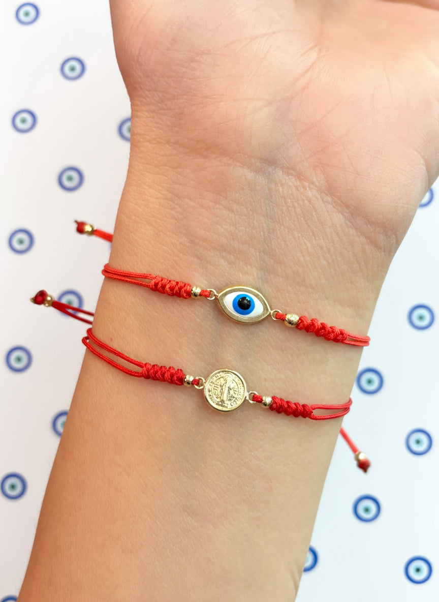 14K Solid Gold Red Cord Bracelet – Adjustable Protection Bracelet with Saint Benedict or Evil Eye