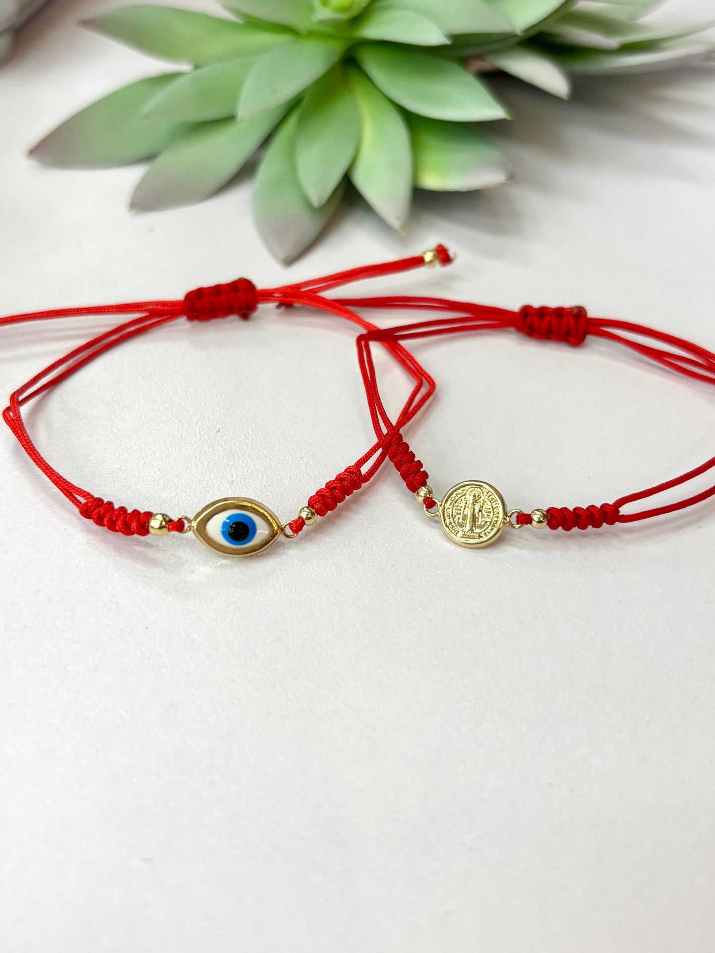 14K Solid Gold Red Cord Bracelet – Adjustable Protection Bracelet with Saint Benedict or Evil Eye