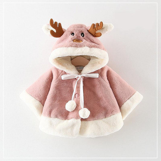 Modern New Christmas Winter LuxuryElegant Cute Elk Cartoon Hooded Soft Coat Cape for Baby Girls