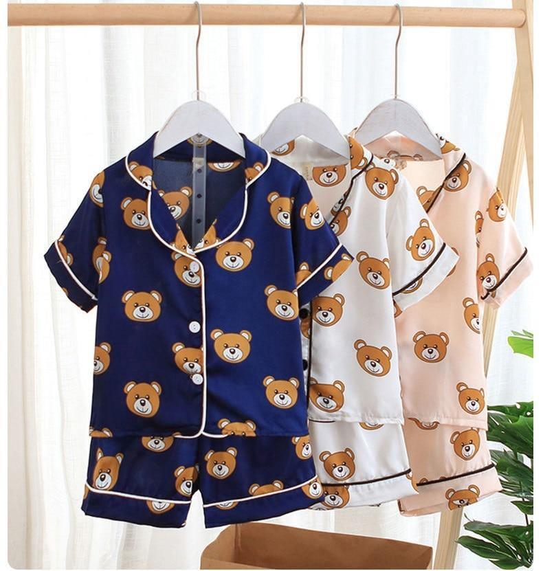 Luxury Modern Children's Pajamas Set Baby Suit Toddler Boys and Girls Ice Silk Satin Cartoon Printing Tops Pants Set Home Wear pajams for Kids