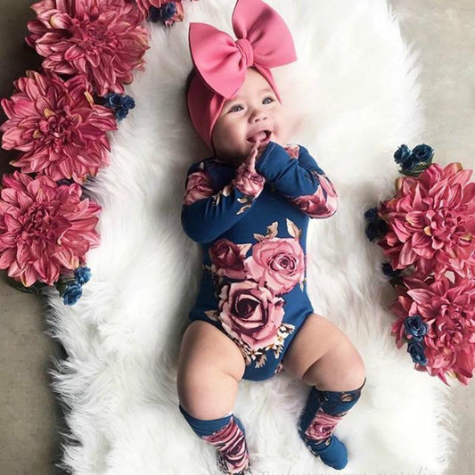 Newborn Baby Girls Floral Clothes Spring Autumn Long Sleeve Romper Warm Leg Socks Outfits Romer and Jumpsuit For Kids With Socks in Floral Design