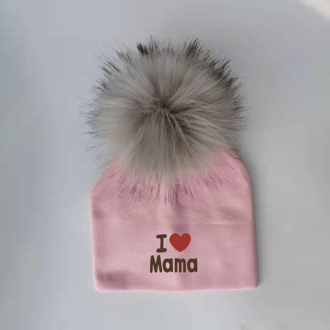 Newborn Cotton Hats Baby Pom Pom Childre Infant Hats For BabY Boys and Girls Wth Printed "I love mama " and " Design