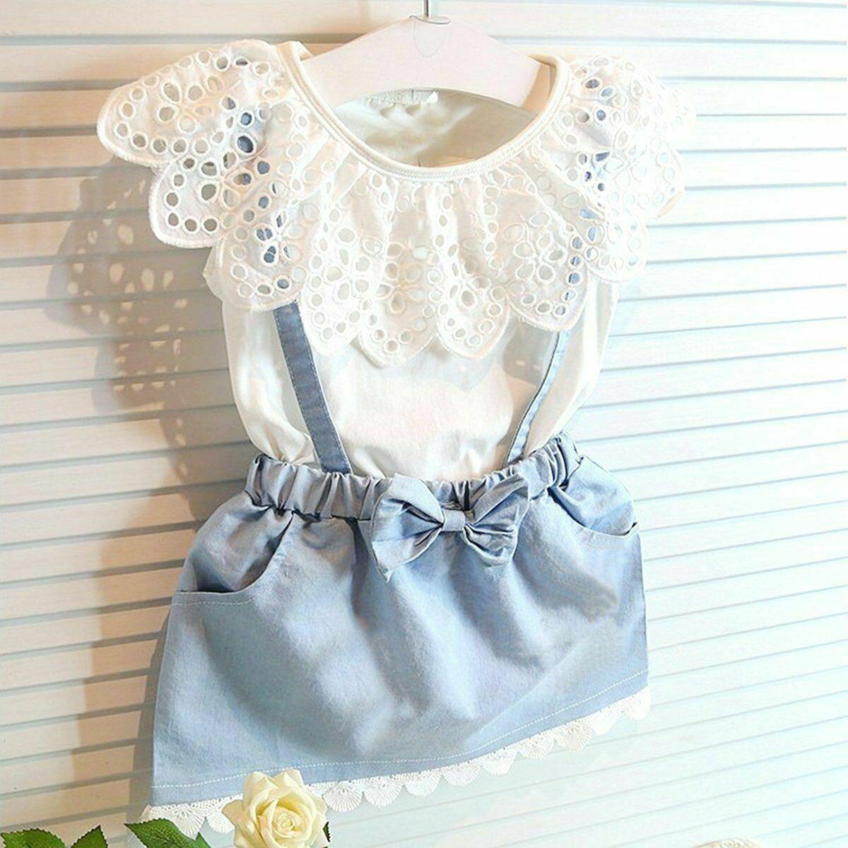 Toddler Kid Girl Ruffles Tops T-shirt  Strap Dress Outfit Cute Clothes Set Perfect Gift Unique Design