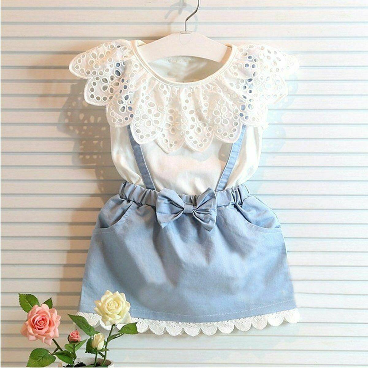 Toddler Kid Girl Ruffles Tops T-shirt  Strap Dress Outfit Cute Clothes Set Perfect Gift Unique Design