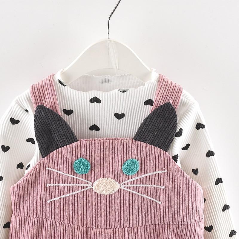 Modern Girls Clothes Sets Cotton Long Sleeves Dot T-shirt and Cat Strap Dress 2Pcs Baby Clothing Dress For Girls and Babies from 6-24months and Girls 3-4years