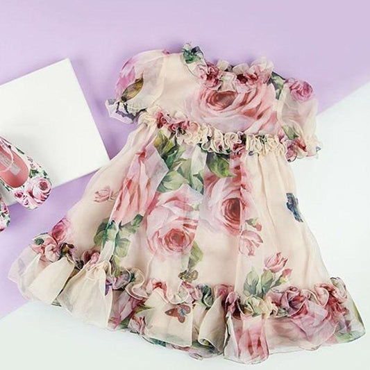 Floral Tulle Dress Kid Baby Girl Flower Puff Sleeve Princess  Wedding Party Pageant Children Dress For All Occasion