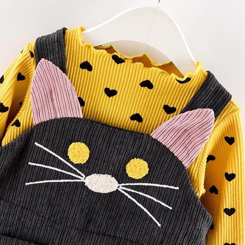 Modern Girls Clothes Sets Cotton Long Sleeves Dot T-shirt and Cat Strap Dress 2Pcs Baby Clothing Dress For Girls and Babies from 6-24months and Girls 3-4years