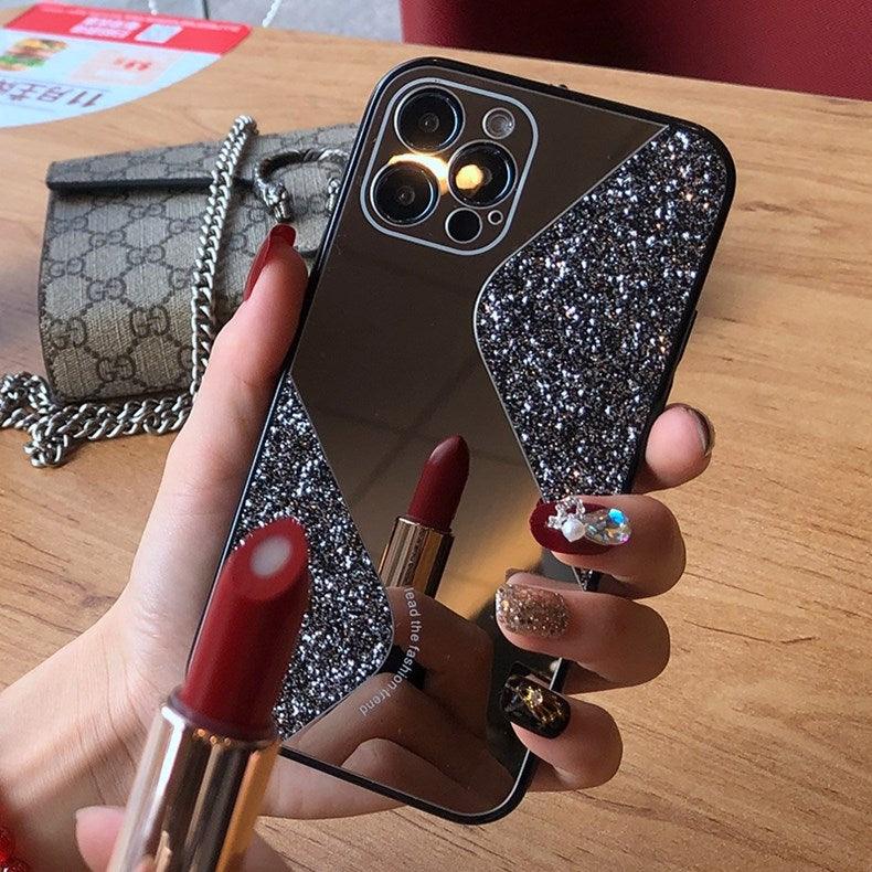 Women Luxurious Glitter Makeup Mirror Phone Case For iPhone 12 11 Pro MAX X XS XR 8 7 Plus Luxury Silicone Shockproof Cover Fixed Non Moving Sparkling Shining Glitter Stars Soft Silicone Case