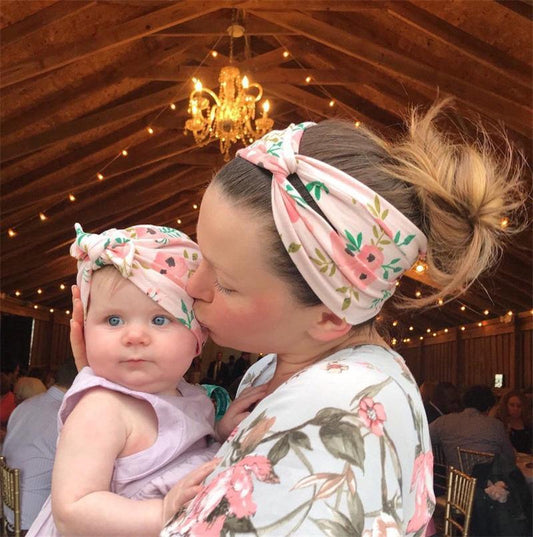 Luxury Mdoern Set 2PCS Baby and Mom Headbands Set Flower Bowknot Newborn Turban Cross-tied Mommy Headband Bow