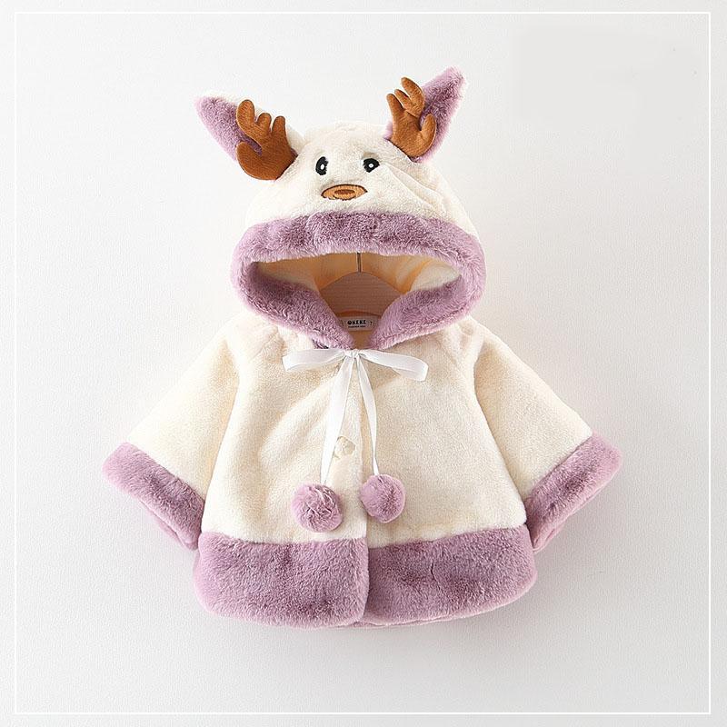 Modern New Christmas Winter LuxuryElegant Cute Elk Cartoon Hooded Soft Coat Cape for Baby Girls