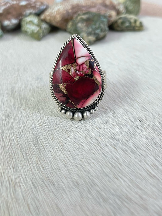 Handmade Sterling Silver Red Rose Dahlia Adjustable Ring, Signed Nizhoni