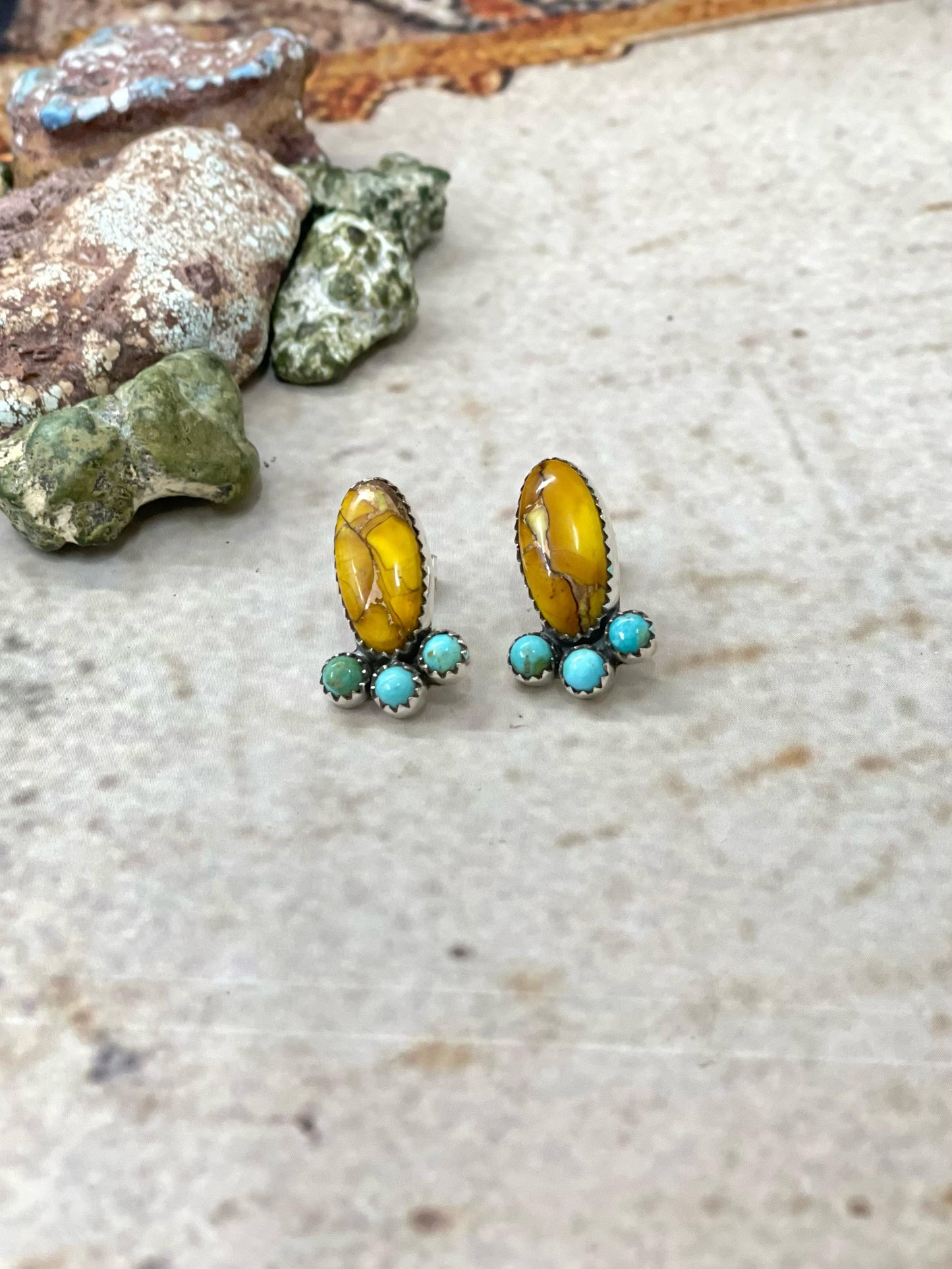 Handmade Sterling Silver Honey Dahlia with Kingman Turquoise Post Earrings with Signed Nizhoni