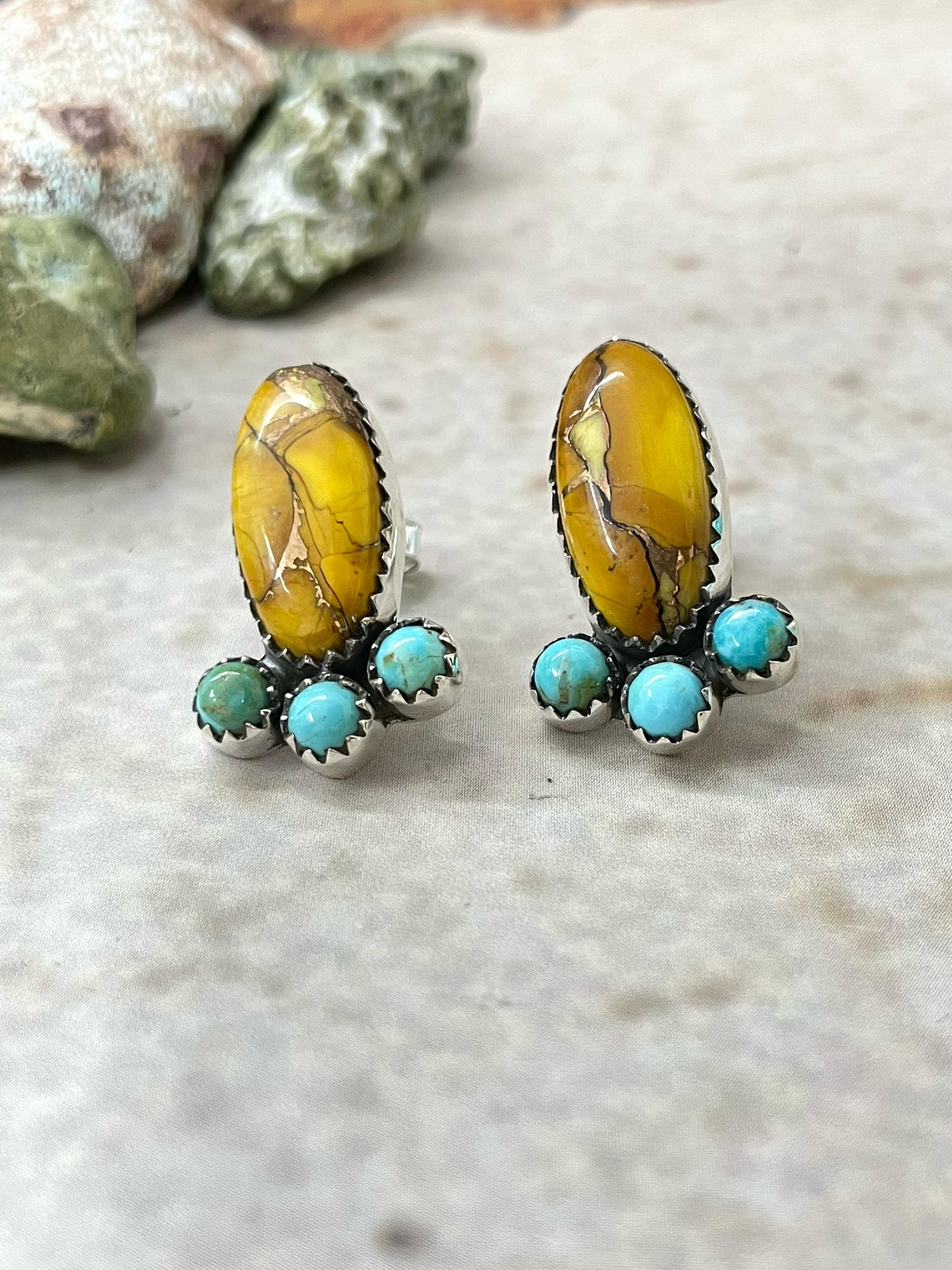 Handmade Sterling Silver Honey Dahlia with Kingman Turquoise Post Earrings with Signed Nizhoni
