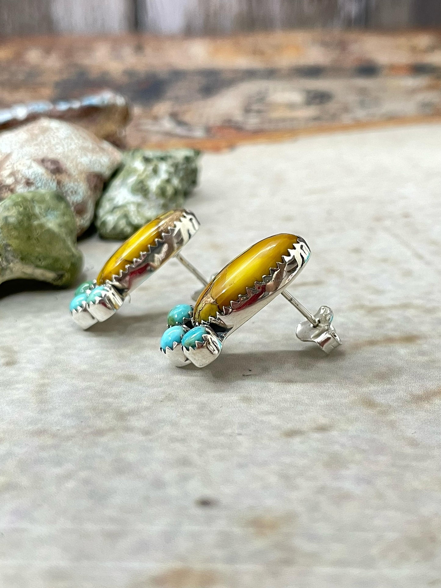 Handmade Sterling Silver Honey Dahlia with Kingman Turquoise Post Earrings with Signed Nizhoni