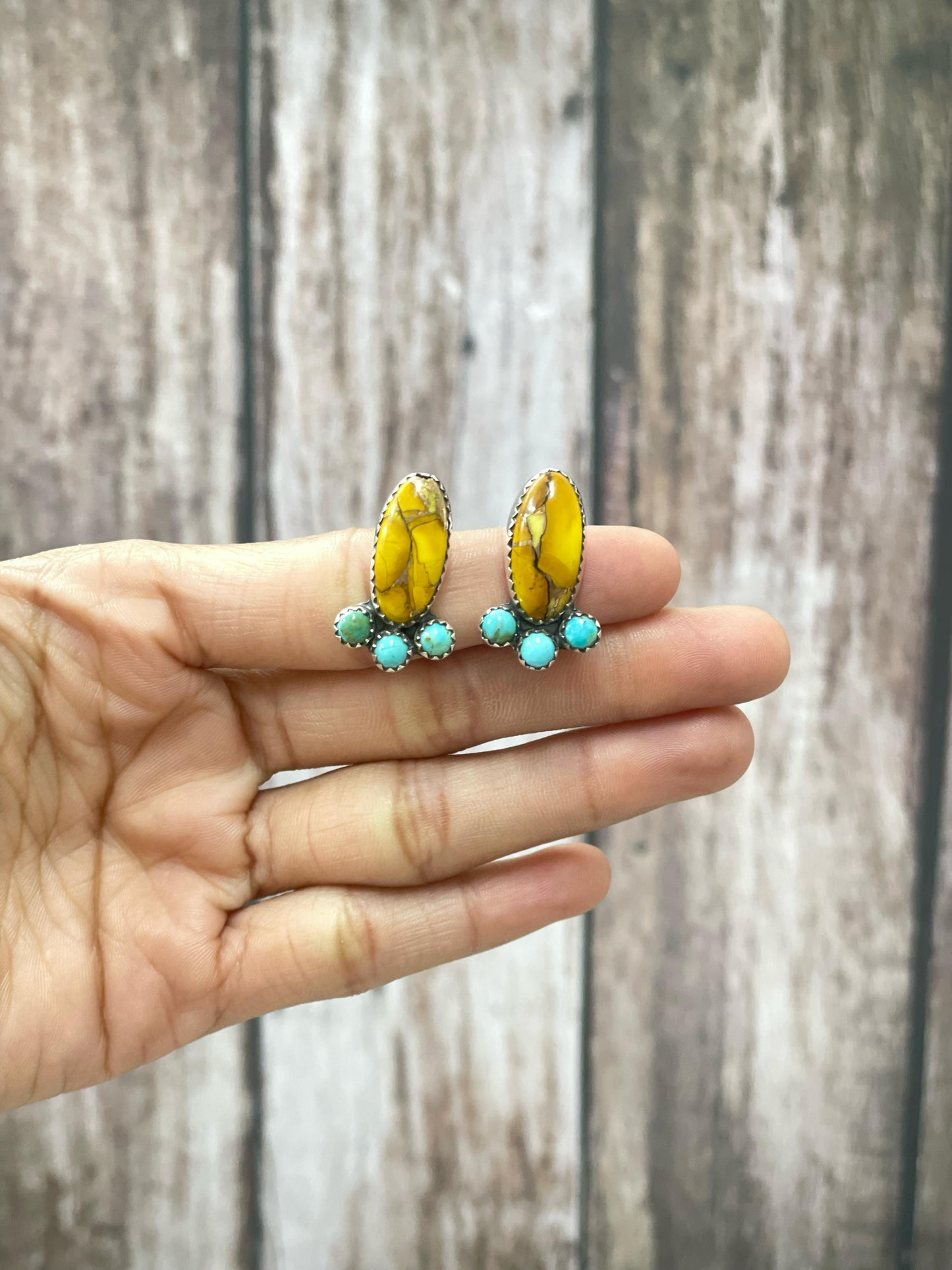 Handmade Sterling Silver Honey Dahlia with Kingman Turquoise Post Earrings with Signed Nizhoni