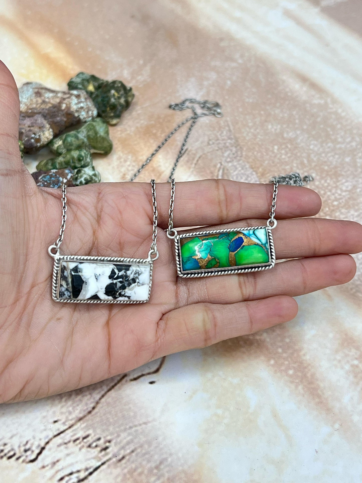 Handmade Sterling Silver White Buffalo, Peacock Dahlia Necklace with Signed Nizhoni