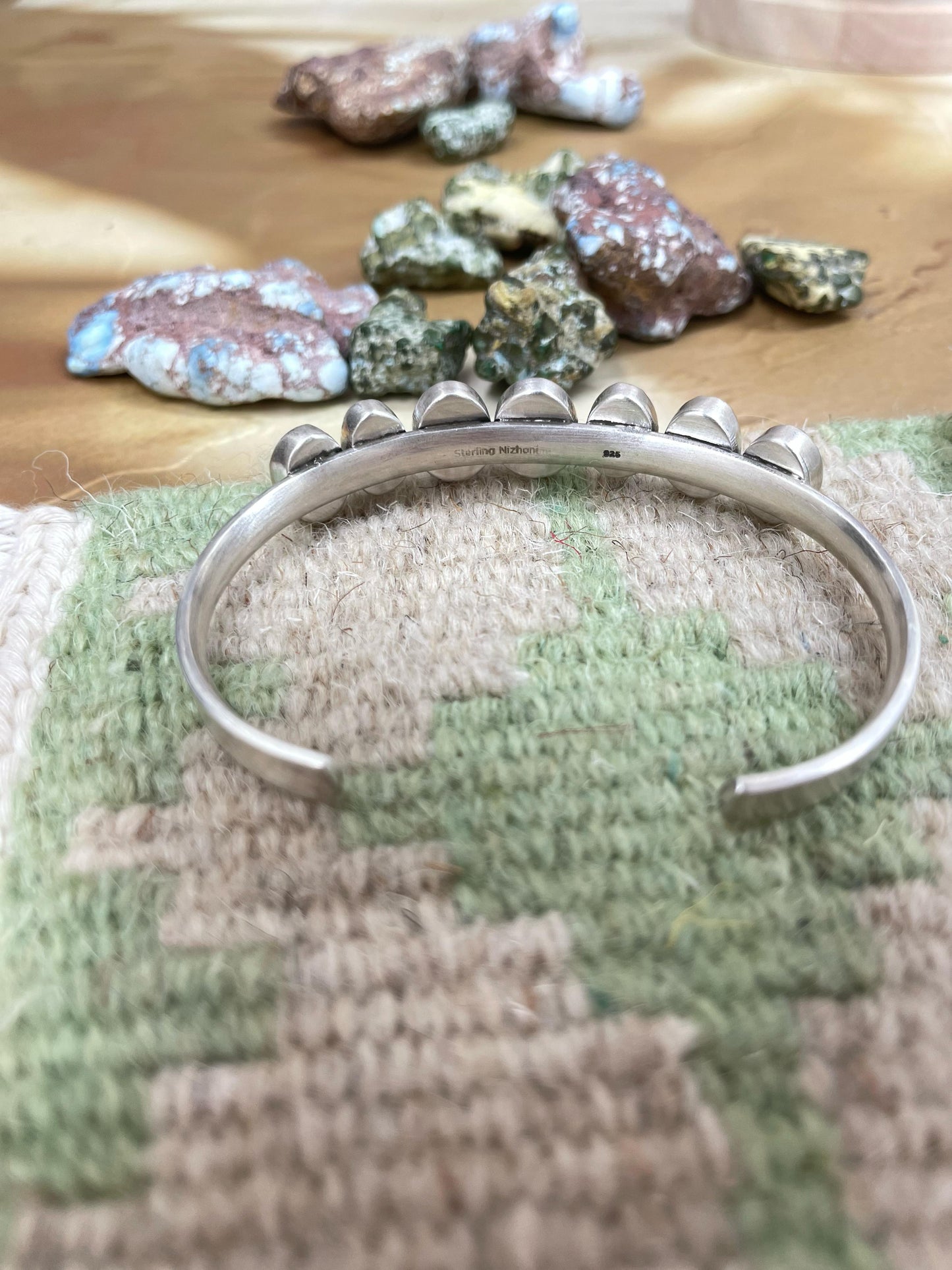 Handmade Sterling Silver South Hill Turquoise Cuff Bracelet with Signed Nizhoni