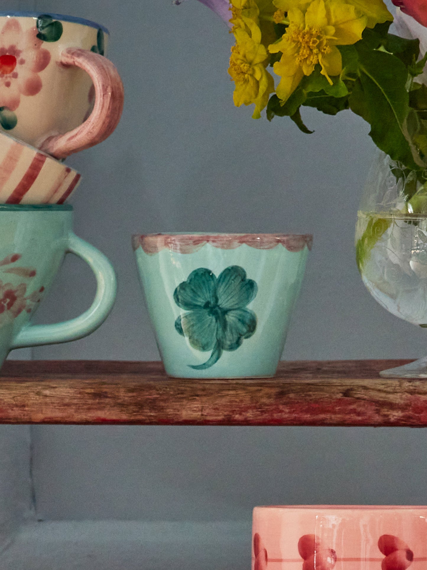 Ceramic Oval Espresso Cup with Hand Painted Good Luck Clover - 2.4 oz